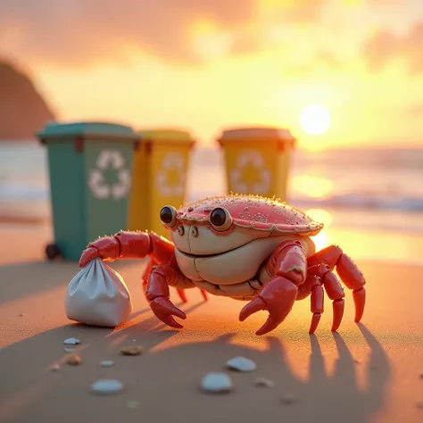 A cute crab carries a bag of trash and puts it in the trash can on the beach., Garbage is sorted into three bins. (recycle, organic, other trash). The sunset dyed the sand golden, create a beautiful romantic natural picture.