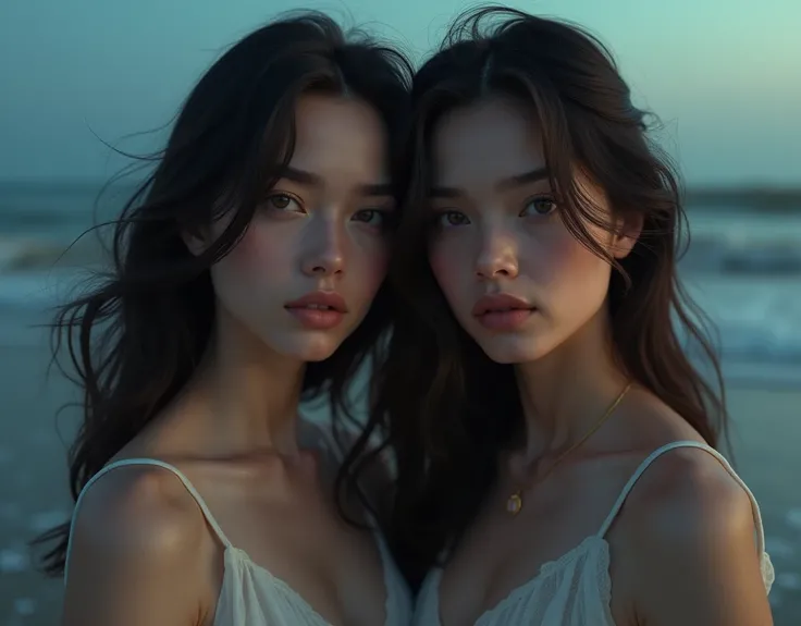 Identical twin sisters、Beautiful woman,Highest quality,masterpiece,detailed,night,Beautiful girl,Shadows reflected on the water,The sound of waves,In a place where time is forgotten,Quietly close your eyes,Face close-up,Look forward