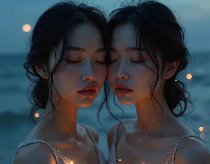 Identical twin sisters、Beautiful woman,Highest quality,masterpiece,detailed,night,Beautiful girl,Shadows reflected on the water,The sound of waves,In a place where time is forgotten,Quietly close your eyes,Face close-up,Look forward