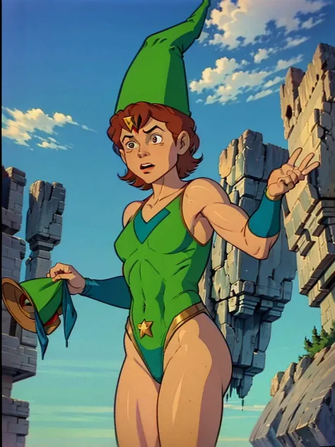 a redhead cartoon character, wonder woman outfit, green leotard, very muscular,  male wizard, 1980s cartoon, animated episode still, Presto (((mad))), ((Wears a wizard hat))