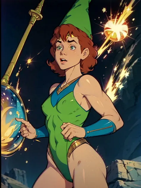 a redhead cartoon character, wonder woman outfit, green leotard, very muscular,  male wizard, 1980s cartoon, animated episode still, Presto (((mad))), ((Wears a wizard hat))