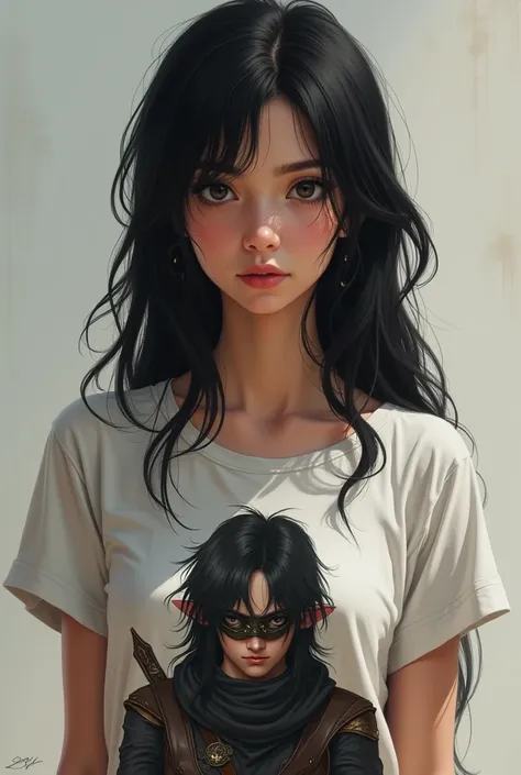 Could you give me a profile picture for Whatsapp theme: a black haired girl with auron play t-shirt that looks realistic 