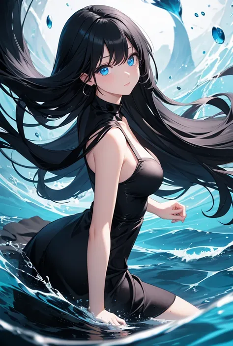 woman,long black hair,Black dress, water,Black hole,blue eyes,high resolution, best quality, The universe