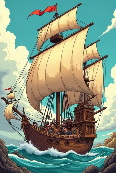 Drawings or montages of caravels in a cartoon style, where the caravels look exaggeratedly large and impressive