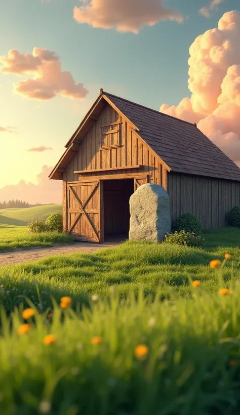 Draw a large stone at the entrance to a farm barn. The farm should be picturesque and detailed, with green fields and a sunrise sky with soft orange and pink tones, in a 3D animated style.