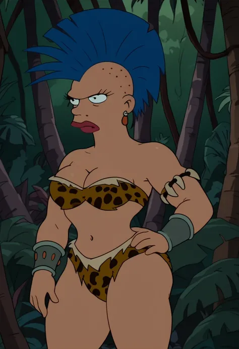 Score_9_up, score_8_up, score_7_up, BREAK amazonianfu, 1girl, solo, blue hair, mohawk, earrings, leopard print bikini, cleavage, wristband, bone armband, hand on hip, jungle