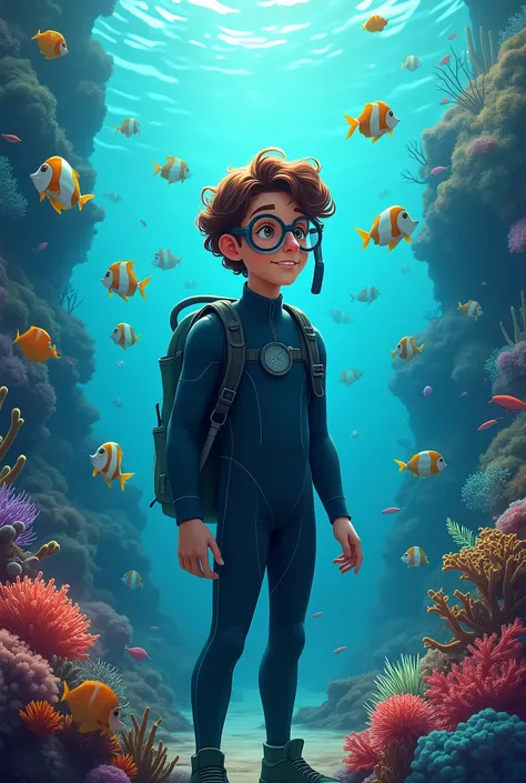 A 1 male teenage marine biologist with glasses and curly hair