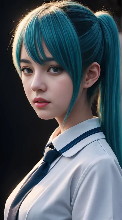 Genius cosplayer girl of Hatsune Miku, intricate detail Highly Detailed Eyes, Faded, Japanese high school white sailor suit, blue tie, black arm cover, 16K resolution, RAW, Nikon Z9, Creative, Masterpiece, Fantasy, High Definition, High Quality, 8k, Realis...