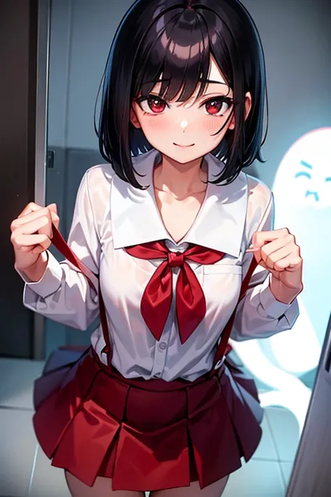 Young, elementary school student, black hair, bob cut, white blouse, red suspender skirt, school toilet, Hanako-san, late night, ghost story, madness, smile