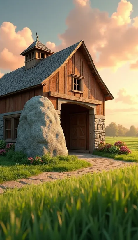 Draw a large stone at the entrance to a farm barn. The farm should be picturesque and detailed, with green fields and a sunrise sky with soft orange and pink tones, in a 3D animated style.