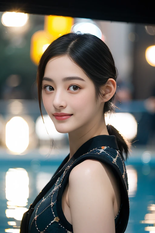 a Close-up portrait of gorgeous smiling cute Japanese woman in a glamorous Fishnet dress outfit, delicate facial features, porcelain-skinned, ponytail, a fusion of young Marion Cotillards striking eyes and young Anne Hathaways introspective gaze, long and ...