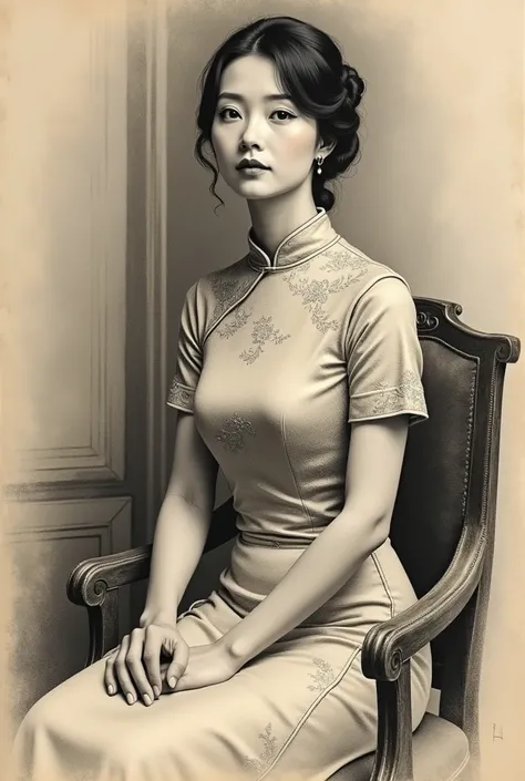 Thick charcoal sketch on old paper, A Republican Woman from the Chinese Republican Era, giving off a dignified and elegant temperament, She is wearing a traditional cheongsam dress. She is depicted sitting gracefully on an antique chair placed in a well-li...