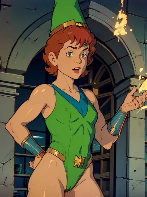 a redhead cartoon character, wonder woman outfit, green leotard, very muscular,  male wizard, 1980s cartoon, animated episode still, Presto (((mad))), ((Wears a wizard hat))