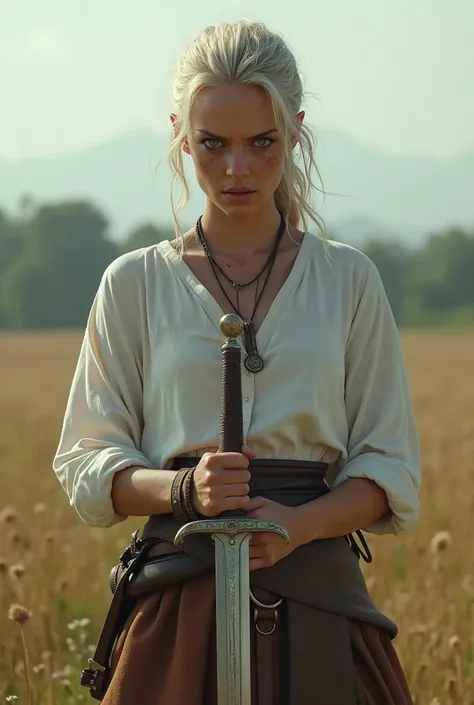 full body shot, RAW photo, 1woman, Ciri standing in a field, holding a sword in her hand, looking furious, necklace, green eyes, (loose white shirt), white sleeves, long face, thin face, hair tied back, (black under eye), black eye shadow, brown waist belt...