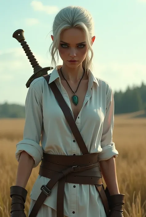 full body shot, RAW photo, 1woman, Ciri standing in a field, holding a sword in her hand, looking furious, necklace, green eyes, (loose white shirt), white sleeves, long face, thin face, hair tied back, (black under eye), black eye shadow, brown waist belt...