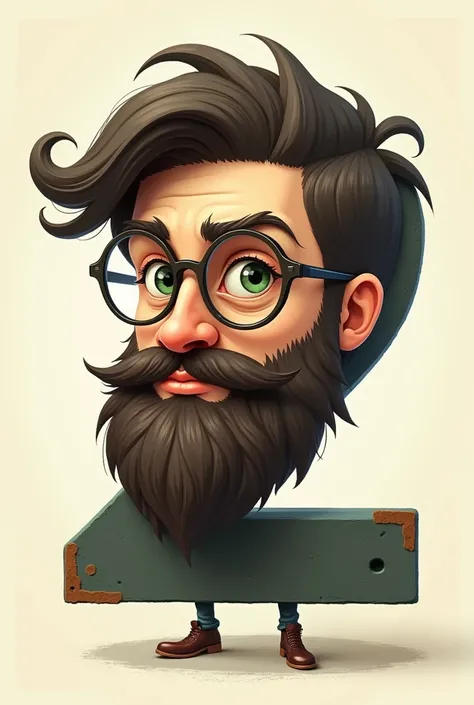 Creating a 2 with a slightly patchy beard at the corner of his mouth, dark brown hair, dark green eyes, and eyeglasses