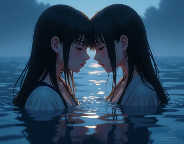 Identical twin sisters hugging each other、Japanese、Japanese、Beautiful woman,Highest quality,masterpiece,detailed,night,Beautiful girl,Shadows reflected on the water,The sound of waves,In a place where time is forgotten,Quietly close your eyes,Face close-up...