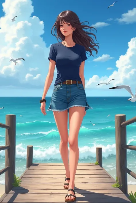 beautiful fit anime woman, navy blue t-shirt, denim mini skirt, sandals, walking on the dock, oceanside, gulls swimming in the water