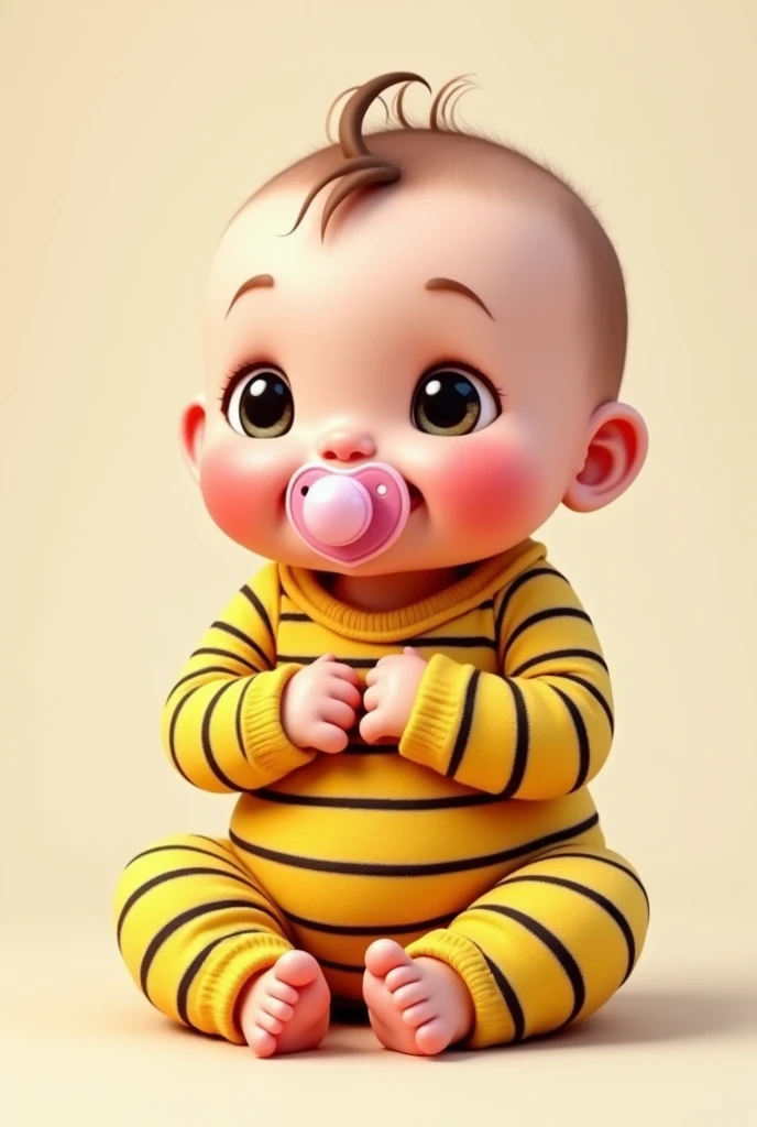 Baby in yellow and black striped bodysuit with pink pacifier, Whole body 