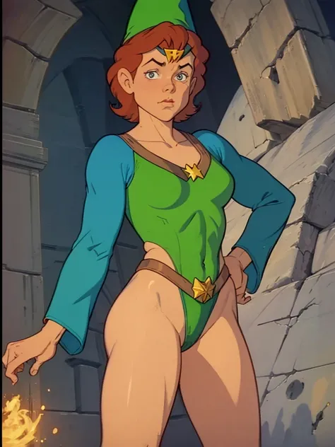 a redhead cartoon character, wonder woman outfit, green leotard, very muscular,  male wizard, 1980s cartoon, animated episode still, Presto (((mad))), ((Wears a wizard hat))