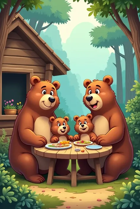 Create a cartoon where there is a family of two big bears and three little bears at a table in their little forest house. 
