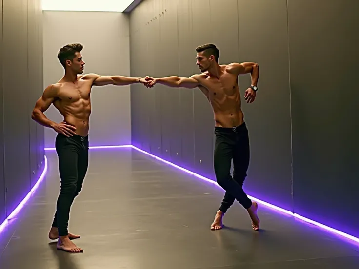 Two handsome man with beautiful face, slim, shirtless, black pants, dancing 