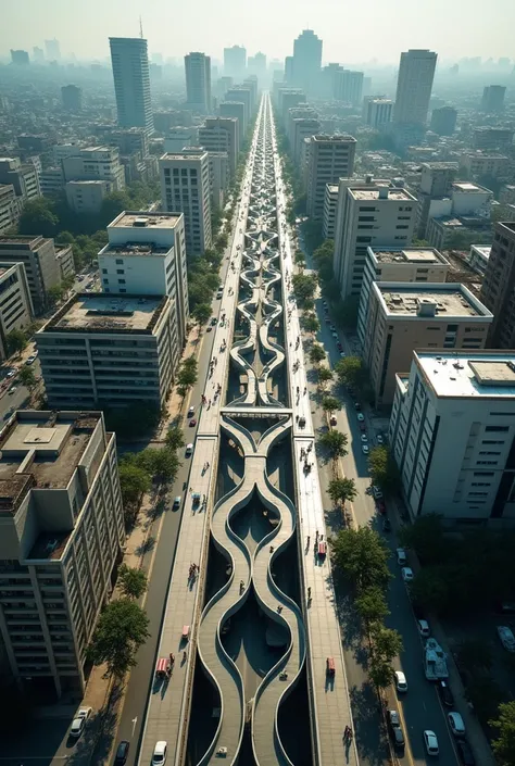 Aerial view of Pekanbaru city streets where theres interconnecting pedestrian hallways below the main street. Although its complex, Everything is clean and orderly.