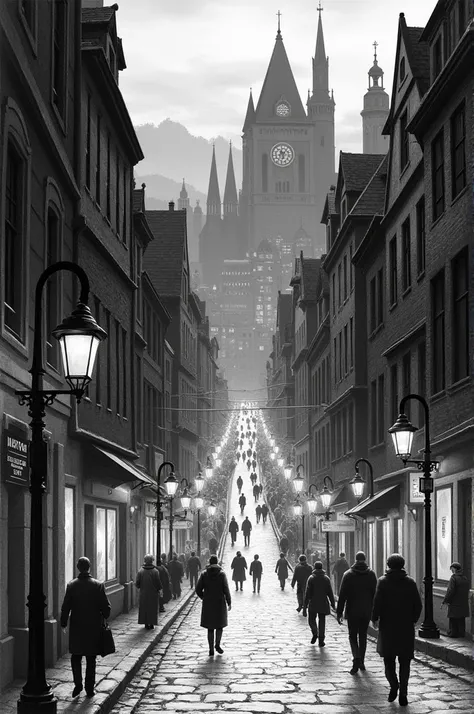 Black and white drawing of an old city with its streets, traffic and streetlights