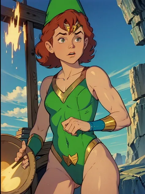 a redhead cartoon character, wonder woman outfit, green leotard, very muscular,  male wizard, 1980s cartoon, animated episode still, Presto (((mad))), ((Wears a wizard hat))