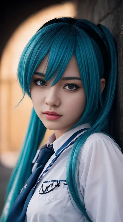 Genius cosplayer girl of Hatsune Miku, intricate detail Highly Detailed Eyes, Faded, Japanese high school white sailor suit, White collar shirts, blue tie, black arm cover, 16K resolution, RAW, Nikon Z9, Creative, Masterpiece, Fantasy, High Definition, Hig...