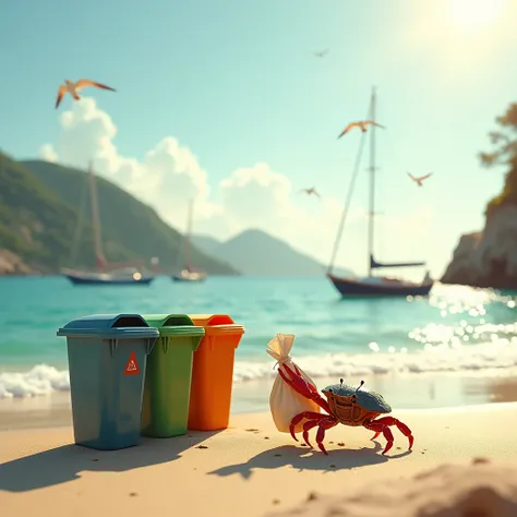 A crab carries a bag of trash and puts it in a trash can on the beach., Garbage is sorted into three bins. ). The water sparkled in the sunlight, the boats glide, create a peaceful and poetic space