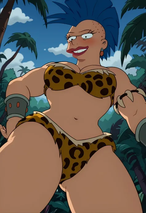 Score_9_up, score_8_up, score_7_up, BREAK amazonianfu, 1girl, solo, blue hair, mohawk, earrings, leopard print bikini, cleavage, wristband, bone armband, jungle, from below, seductive smile, aroused, blush, 