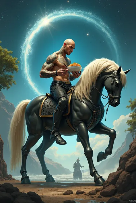 Centaur&#39;s upper body is a human bald tattoo，Centaur&#39;s upper body holds chopsticks and turns around to eat a bowl of noodles on his back，The lower body is equipped with advanced mechanical armor horse body，Standing by the watere、soil、In the magic ci...