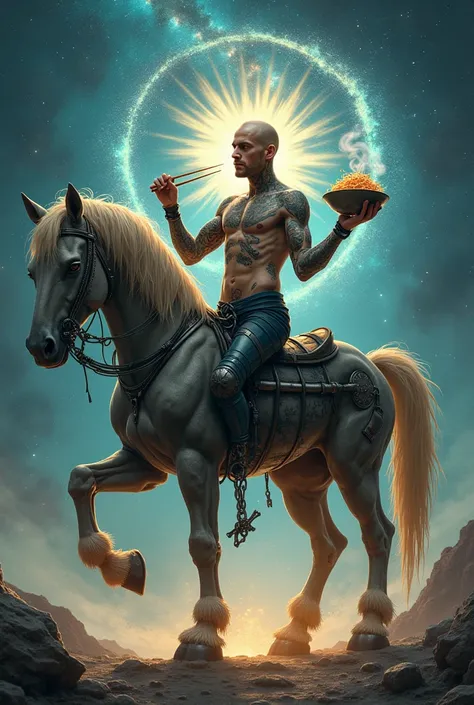 Centaur&#39;s upper body is a human bald tattoo，Centaur&#39;s upper body holds chopsticks and turns around to eat a bowl of noodles on his back，The lower body is equipped with advanced mechanical armor horse body，Standing by the watere、soil、In the magic ci...