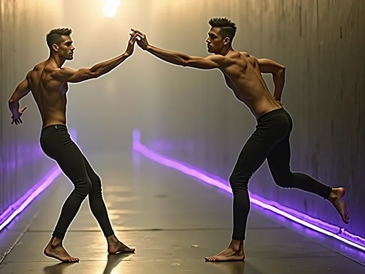 Two handsome men with beautiful faces, slim, shirtless, wearing black pants, dancing, raising their hands