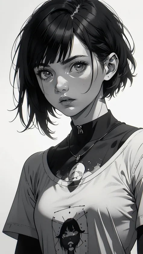 1 boyish girl, solo, sharp eyes, expressionless, monochrome, greyscale, short black hair, portrait, white T-shirt, closed mouth, looking at viewer, graphite (medium), detailed lips, hatching (texture), without makeup, bangs, upper body, (best illustration)...