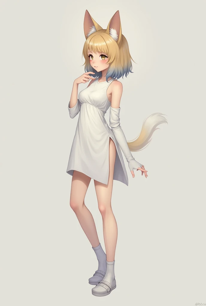 dog、Papillon Personification、スラっとモデル体型で耳はdog耳、She is wearing a white dress that gives off a noble vibe.、Her hair is soft and natural, with blonde on top and a gray gradation on the bottom.、Loose socks on your feet