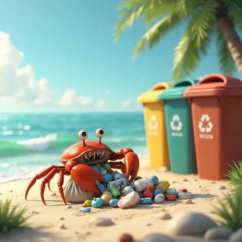 A crab carries a bag of trash and puts it in a trash can on the beach., Garbage is sorted into three bins. ). The waves gently caress, carrying a gentle sound like a piece of music blending with the wind.