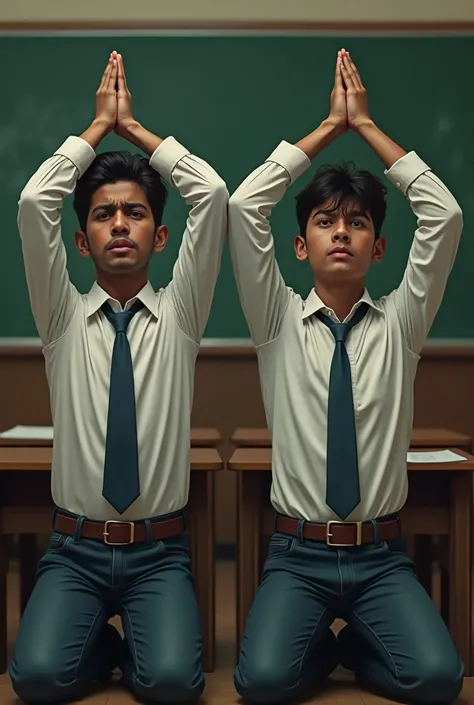 Two 19year indian boys wearing shirt long sleeve with tie and fashionable buckle belt is kneeling straight in the class with his hands raised straight high up above his head with tired looking and pain in handsb