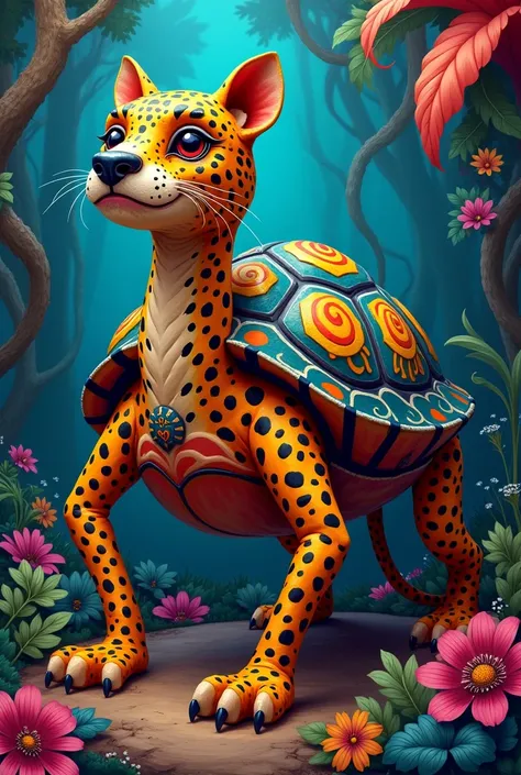 Make an alebrije with the following characteristics, turtle shell, leopard spots, dog head and koala arms