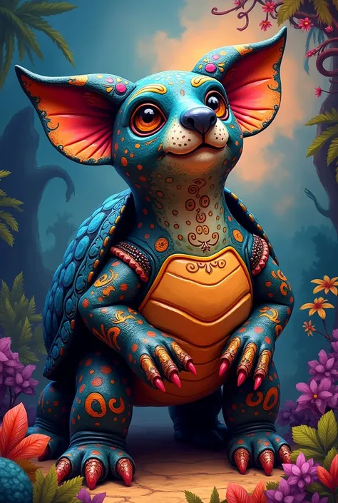 Make an alebrije with the following characteristics, turtle shell, leopard spots, dog head and koala arms