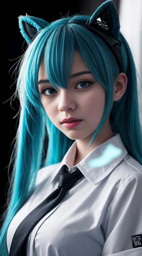 Genius cosplayer girl of Hatsune Miku, intricate detail Highly Detailed Eyes, Faded, Japanese high school white sailor suit, White collar shirts, blue tiny tie, black arm cover, 16K resolution, RAW, Nikon Z9, Creative, Masterpiece, Fantasy, High Definition...