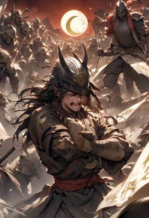  "A powerful samurai leader with a single visible eye, covered in sweat and dirt, standing at the front of a charging army. His kabuto helmet, featuring a golden crescent moon, is slightly askew, revealing the strain of combat. Behind him, the chaos of bat...