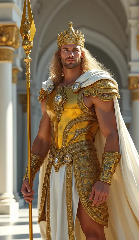 Photo realistic. Fit man. Textured skin. Tanned skin. Long wavy blonde hair. Stunning blue eyes. Ornate golden crown with jewels. Ornate golden armor sparkling. Golden spear. Flowing white cape. White stone palace.