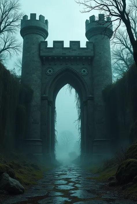 Image of the entrance of a gloomy castle
