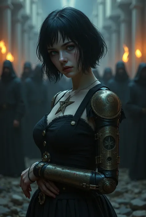 Pale girl with short black hair, from the realistic middle ages, blue eyes dark clothes with prosthetic arm steampunk detailed pentagram, cut on the face, the night, with a religious group with fire behind, detaileds.
