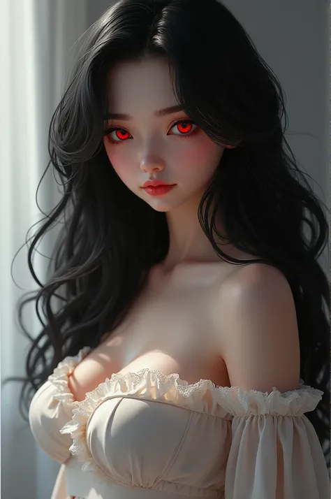 black haired girl with vibrant red eyes with big breast and almost doll like