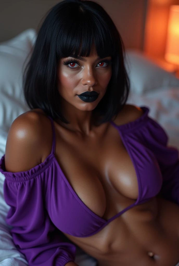 adult  woman, skin black, black bob hair, Eyes red, purple top, naked in bed, pink breasts, wet and shaved vagina, vagina com piercing, pretentious smile, open tummy, black lipstick, work of art, high qualiy, Guweiz art style