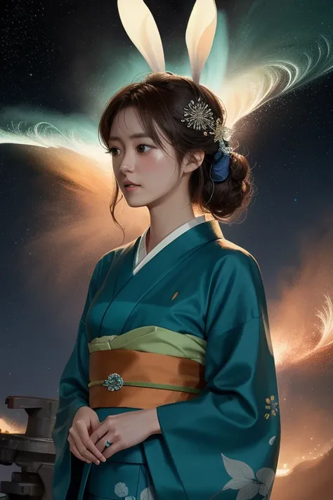 Cosmic Energy, Glow Wave, wallpaper, Miniature Core,Rust and electric green flakes,thin silk、Multiple white rabbit designs,Wearing a yukata with a dark blue sash, Looking into the distance, A world where concept art and realism come together, Very detailed...