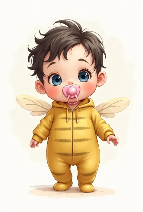 Baby in a bee bodysuit with a pink pacifier, Whole body, blue eyes, dark hair and little in drawing